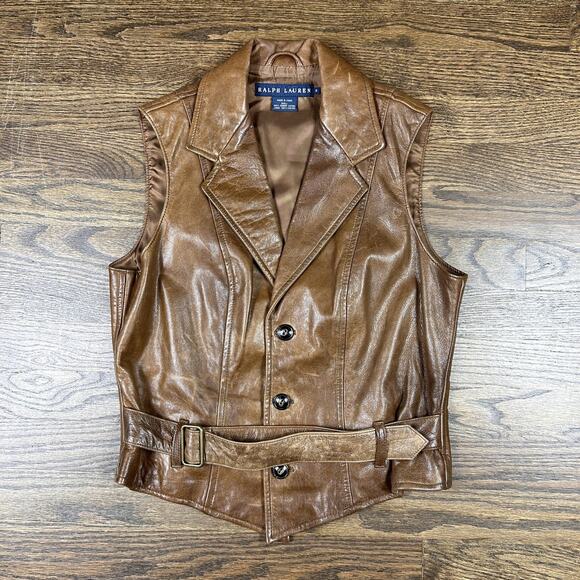 Ralph Lauren Vest Womens 8 Brown Genuine Leather Belted Button Front Notch Lapel - Picture 1 of 8